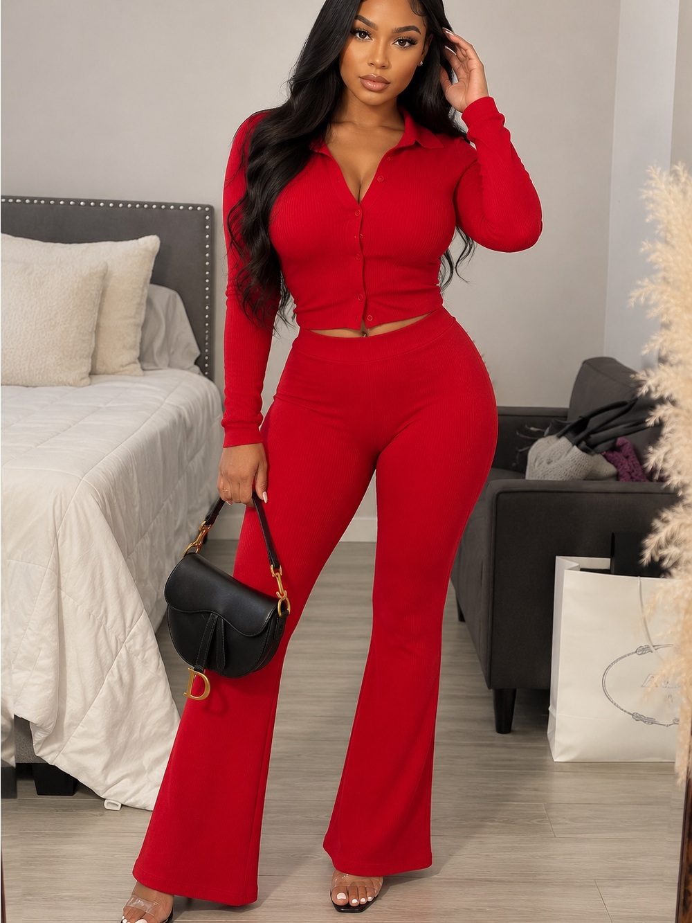 More To Come Red Boot-Cut Pant Set with Buttoned Crop Top bottom Xs Top Medium